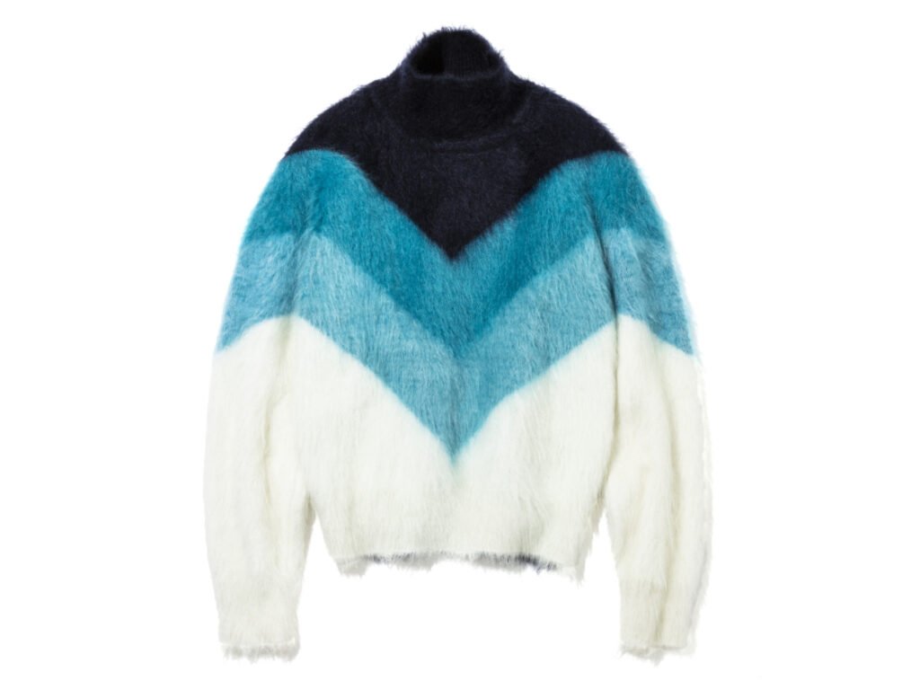A gradient mohair sweater by Bottega Veneta featuring tonal transitions from collar to hem in earthy and cool hues