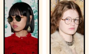 Close-up of a model wearing Valentino Spring/Summer 2025 sunglasses with sculpted acetate frames and gradient lens