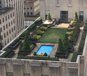 Panoramic view of Manhattan from the rooftop of Rockefeller Center at sunset