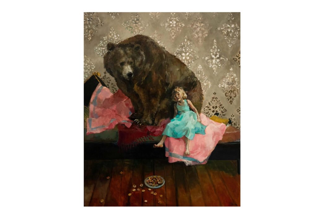 Soft sculpture of a child reaching toward a handmade animal figure in Støyva’s Kan jeg beholde henne? exhibition