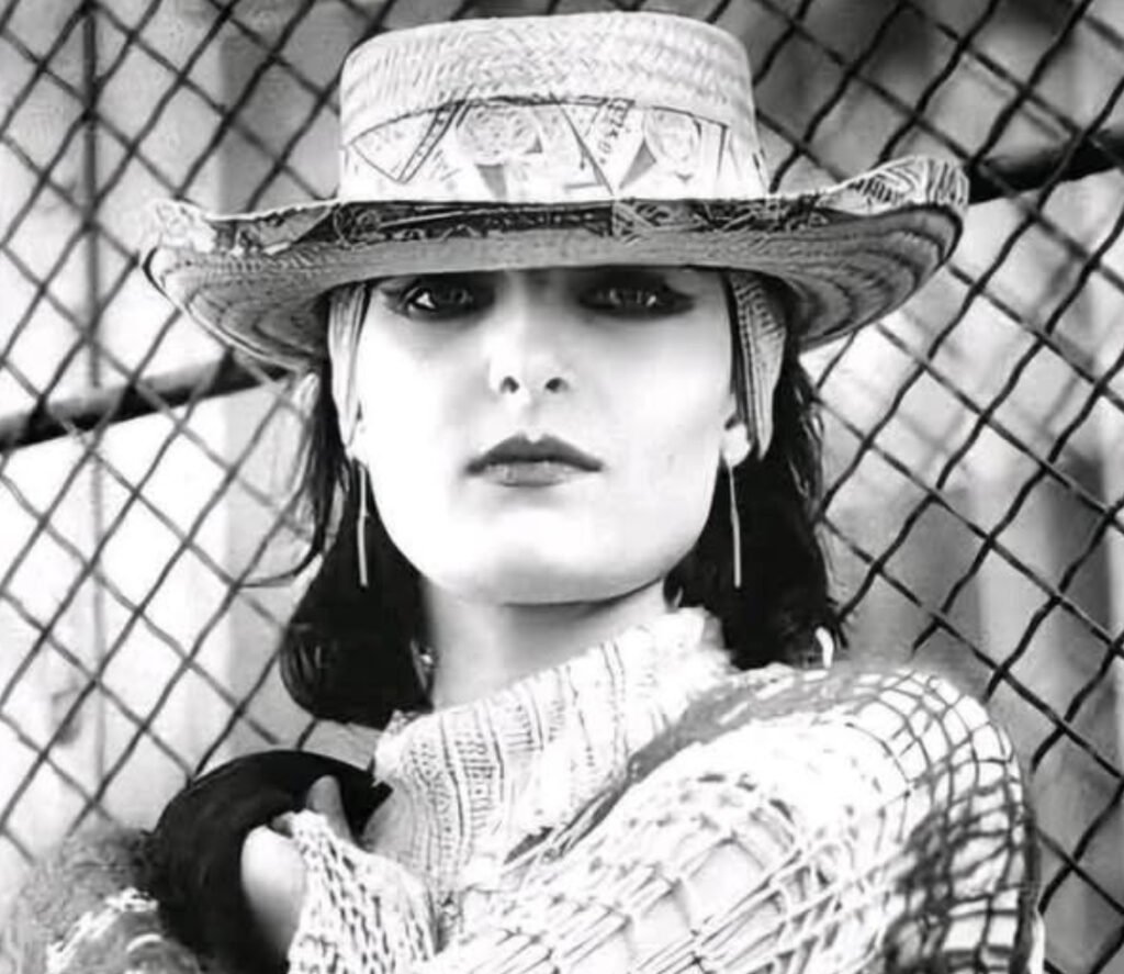 Siouxsie Sioux performing on stage with dramatic makeup and gothic style, iconic figure of post-punk and alternative music