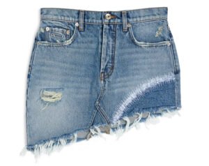 “Gallery Dept SEXY SKIRT featuring raw uneven hem, contrasting denim patches, and 5-pocket styling.”