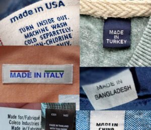 A collage depicting various “Made in” labels on clothing tags from different countries