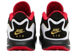 Side view of the Nike LeBron 21 Prime 93 sneaker in oxblood and obsidian with metallic accents and shell-inspired design