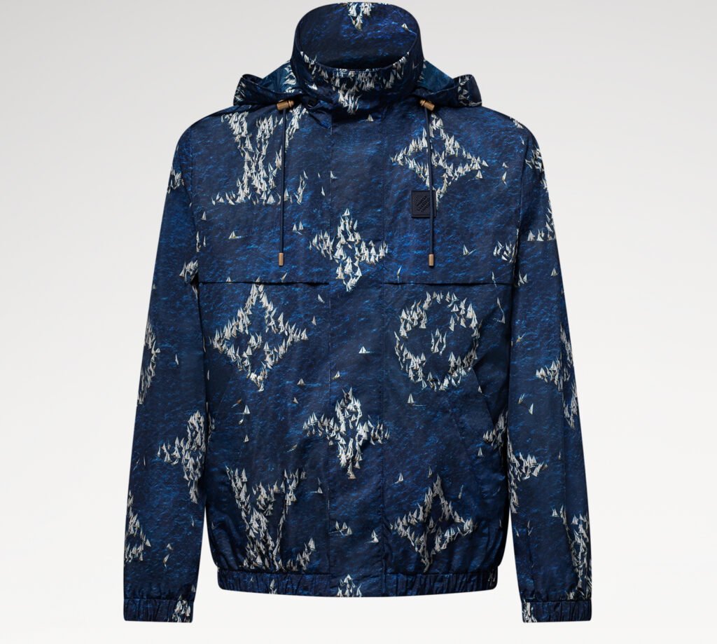 Louis Vuitton 1AHV29 windbreaker featuring tonal printed monogram pattern on lightweight nylon with minimalist construction