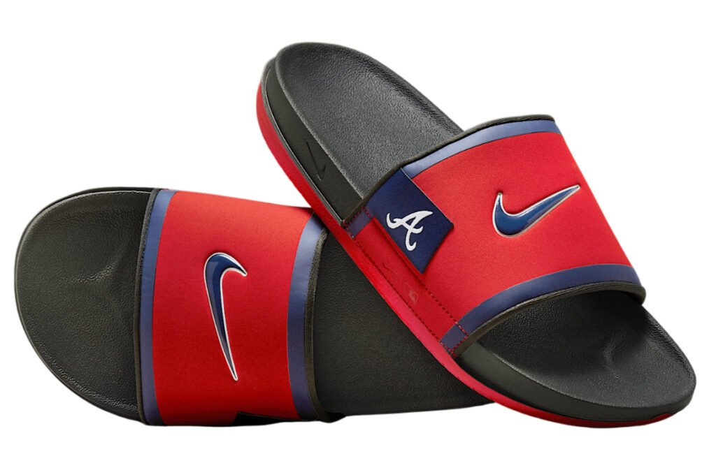 Nike Offcourt slide sandal in Sports Red and Dark Smoke Grey with Atlanta Braves logo and cushioned footbed