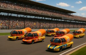 Wienermobiles racing at the Indianapolis Motor Speedway in the Wienie 500 hot dog competition