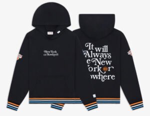 Knicks Motto Hoodie in royal blue and orange with bold chest graphic, NBA logo, and premium fleece finish