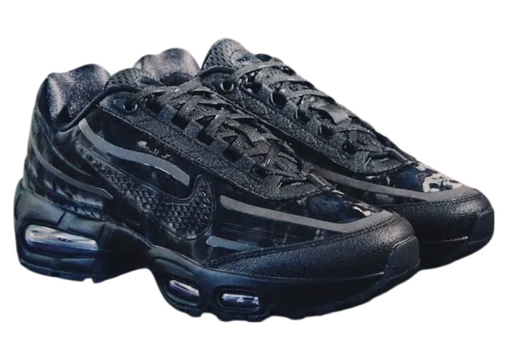 Side profile of the Worksout x Nike Air Max 95 shoe in Uniform Black Anthracite, showing layered monochrome textures