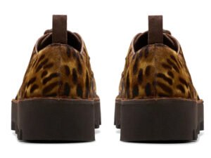 Clarks x Engineered Garments Desert Kahn in Leopard featuring faux pony hair upper, double kiltie, and Vibram outsole