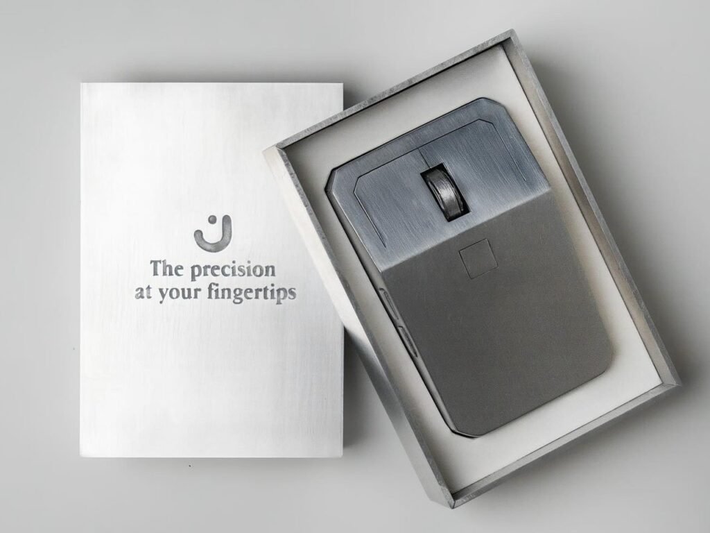 Aluminum-body computer mouse with angular design and brushed metal finish, inspired by Cybertruck minimalism