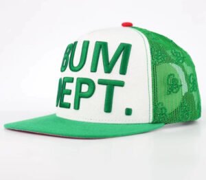 Interior view of BUM DEPT trucker hat with green mesh, pink brim, and “GORGEOUS BUM” branded tape stitching