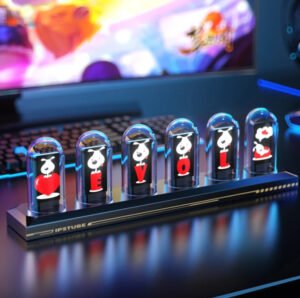 Customizable ISPTube tube clock with glass cylinders and glowing RGB light on aluminum base