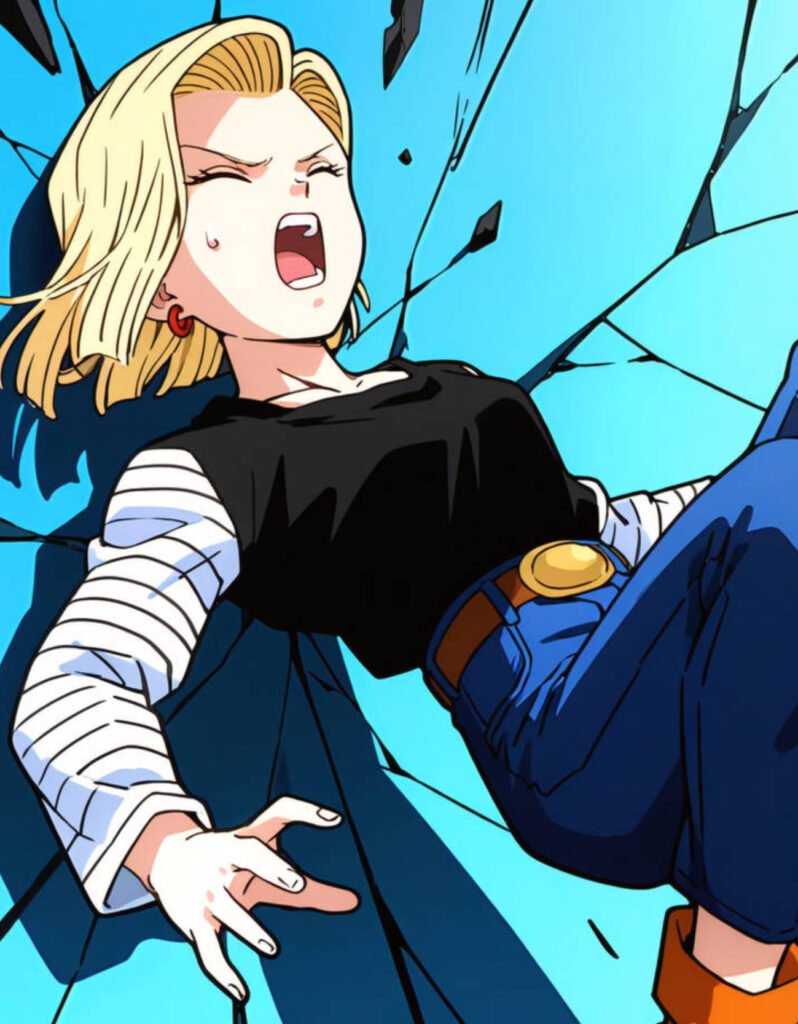 Android 18 screams in agony after being slammed into a shattered wall, bloodied and mid-fight, from the 18vsbiobrolymania scene