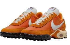 Nike Air Waffle Racer “Bright Ceramic / Coconut Milk” featuring orange suede overlays, cream Swoosh, and black waffle outsole