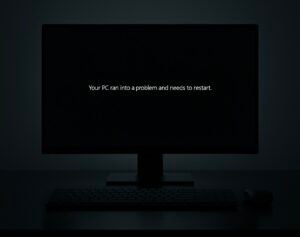 A computer monitor displaying the Black Screen of Death error message in a dark minimalist room, evoking mystery and finality