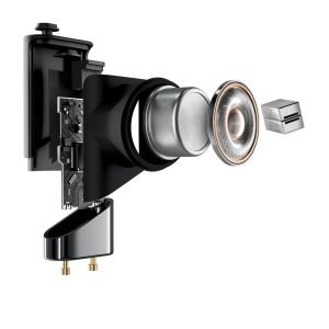 Exploded view of the Status Pro X earbud's internal components, showcasing dynamic driver, balanced armature drivers, acoustic chamber, and circuit board