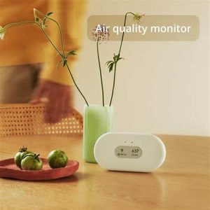 A sleek white air quality monitor with an oval e-ink display showing PM2.5 and CO₂ readings, placed on a wooden table next to a green vase with flowers and small green fruits, in a cozy modern home setting