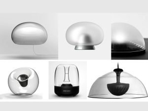 Collage of six modern, dome-shaped and spherical transparent and frosted glass objects including lamps, speakers, and design concepts showcasing minimalist and organic forms in contemporary product design