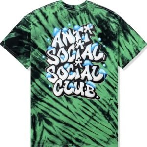 Anti Social Social Club Snow on the 405 Tee Green showcasing white distorted logo on green cotton, embodying LA streetwear culture