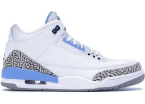 Side view of the Jordan 3 Retro UNC Player Exclusive sneaker featuring white leather and Carolina Blue accents