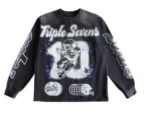 Triple Sevens All Star L/S Black long sleeve shirt featuring bold football player graphic, cosmic stars, and dynamic sleeve text