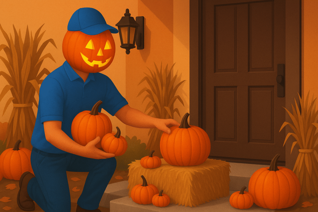 A whimsy illustration of a porch decorator with a jack-o’-lantern head, wearing a blue uniform and arranging pumpkins on a hay bale outside a front door, surrounded by autumn décor like corn stalks and scattered leaves