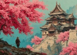 Fantasy artwork by RunecasterStudio titled “The Road to Autumn Castle,” showing a lone warrior standing beneath a vivid pink cherry blossom tree, gazing toward a grand wooden castle perched on rocky cliffs against a turquoise sky.