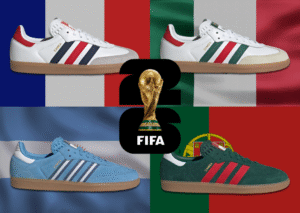 Adidas Samba OG FIFA World Cup 2026 Pack featuring four sneakers inspired by national flags—France, Mexico, Argentina, and Portugal—displayed against each country's flag backdrop with the FIFA World Cup trophy logo centered.