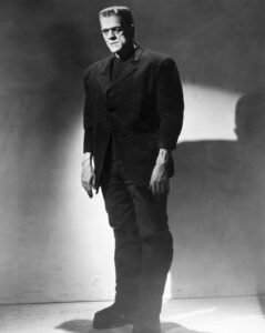 A black-and-white portrait of the Frankenstein Monster from the 1931 film Frankenstein. The creature stands upright in a dark suit, with a square head, heavy brow, and bolts at the neck. His expression is somber, and the dramatic lighting casts a long shadow on the wall behind him, emphasizing the eerie and tragic tone of the classic horror icon.