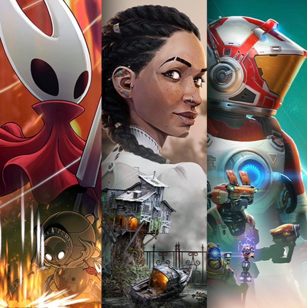 A collage of video game artwork showcasing three distinct worlds: on the left, a stylized red-cloaked knight wielding sharp blades from Hollow Knight: Silksong; in the center, a portrait of a woman with braided hair against a rustic background featuring a decaying treehouse from As Dusk Falls; and on the right, a space explorer in a red and white suit with glowing blue lights, surrounded by futuristic robots, evoking No Man’s Sky’s interstellar adventure. The composition symbolizes the diversity of Xbox Game Pass titles available on the ROG Xbox Ally X.