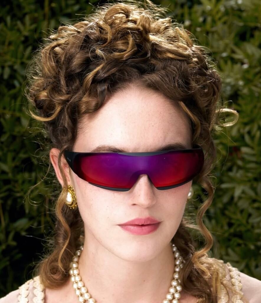 A woman wearing futuristic wrap-around sunglasses with iridescent purple lenses, styled with vintage curls, pearl jewelry, and gold earrings, blending classical elegance with modern sci-fi aesthetics.