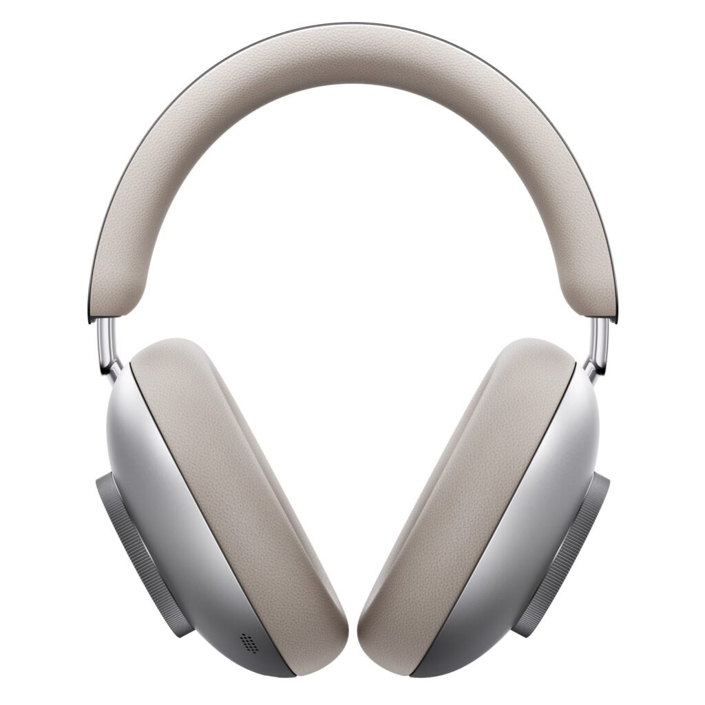 Loewe Leo headphones in soft beige finish featuring premium leather cushioning and anodized aluminum ear cups, exemplifying minimalist German design.
