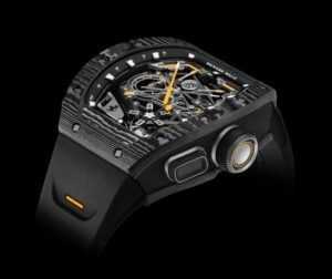 Close-up view of the Richard Mille RM 43-01 Tourbillon Split-Seconds Chronograph Ferrari in Carbon TPT®, showcasing its skeletonized dial with exposed titanium bridges, yellow chronograph hands, Ferrari prancing horse logo at 9 o’clock, and carbon-layered tonneau case with yellow-accented crown and pushers against a black background.