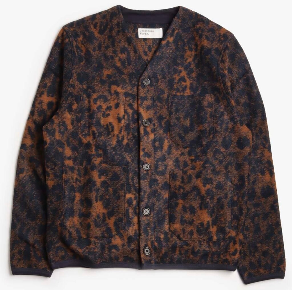 Universal Works Cardigan in Night Leopard Dark Navy/Brown from the AW25 collection, featuring a textured wool-blend fabric with a subtle leopard pattern, button-front closure, and patch pockets — a refined take on modern British workwear design.