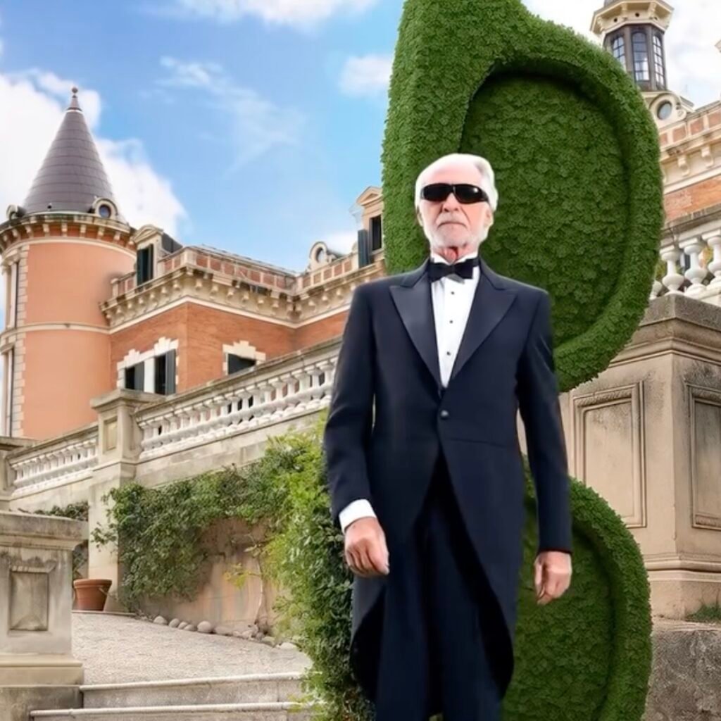 An older man wearing a black tuxedo and dark sunglasses stands confidently in front of an ornate European-style mansion with sculpted greenery, merging classic sophistication with a modern, futuristic attitude.