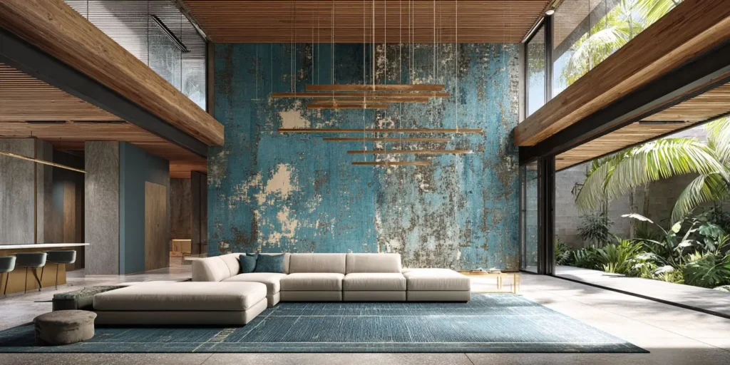 Elegant living space featuring a distressed blue denim-textured wall with brass linear light fixtures, natural wood ceiling beams, a beige sectional sofa, and lush tropical greenery visible through glass walls — representing Indigo Hale’s refined Blue & Brass aesthetic