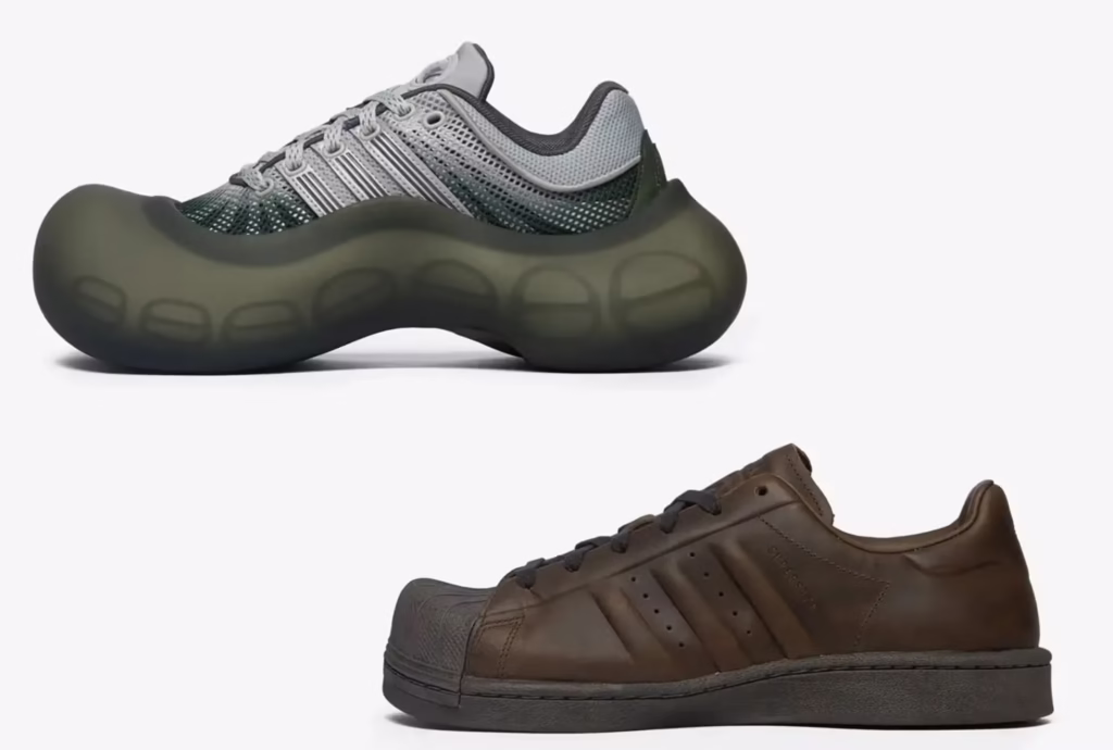 AVAVAV Instagram campaign showing the AVAVAV x adidas oversized sneaker in cream and beige tones, styled with exaggerated streetwear proportions. The photo emphasizes the inflated sole and distorted contours against a minimalist studio backdrop, capturing the surreal humor and sculptural scale of the collab