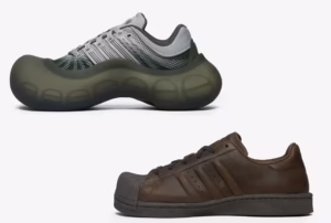 AVAVAV Instagram campaign showing the AVAVAV x adidas oversized sneaker in cream and beige tones, styled with exaggerated streetwear proportions. The photo emphasizes the inflated sole and distorted contours against a minimalist studio backdrop, capturing the surreal humor and sculptural scale of the collab