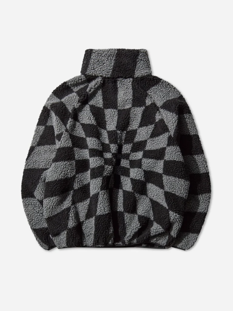 Back view of Vans x Slam Jam “Act of Disagreement” Relief Check Fleece Jacket in Smoked Pearl, showing the distorted black and grey checkerboard jacquard sherpa pattern and high stand collar without visible branding