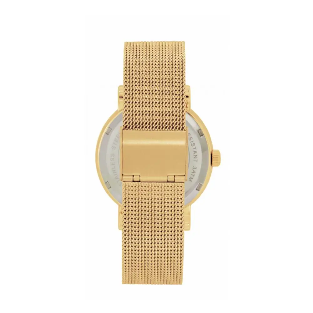 Back view of the Toff London ladies’ Blue Orchid watch showing the gold mesh strap laid flat, centered clasp, and partial outline of the stainless-steel caseback behind it
