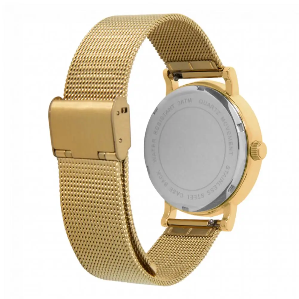 Rear view of the Toff London ladies’ Blue Orchid watch showing the gold mesh strap, clasp mechanism, and stainless-steel caseback with 3 ATM water-resistant and quartz movement markings