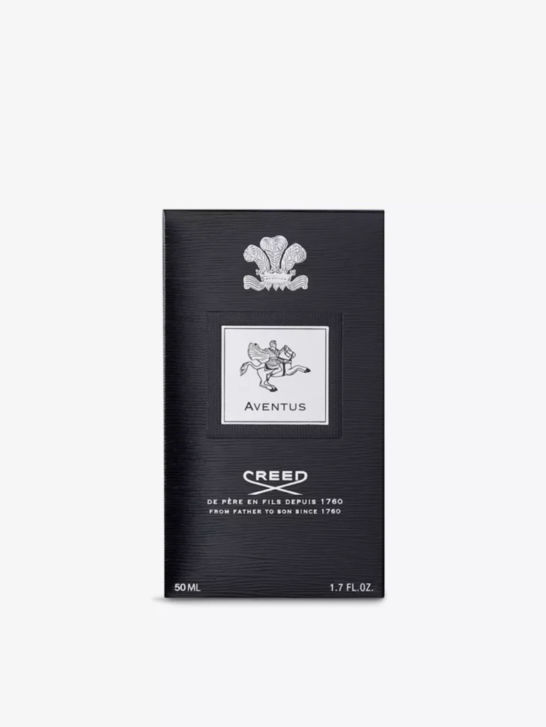 Creed Aventus Eau de Parfum 50ml packaging in black textured box with silver crest and horseman emblem on a white background
