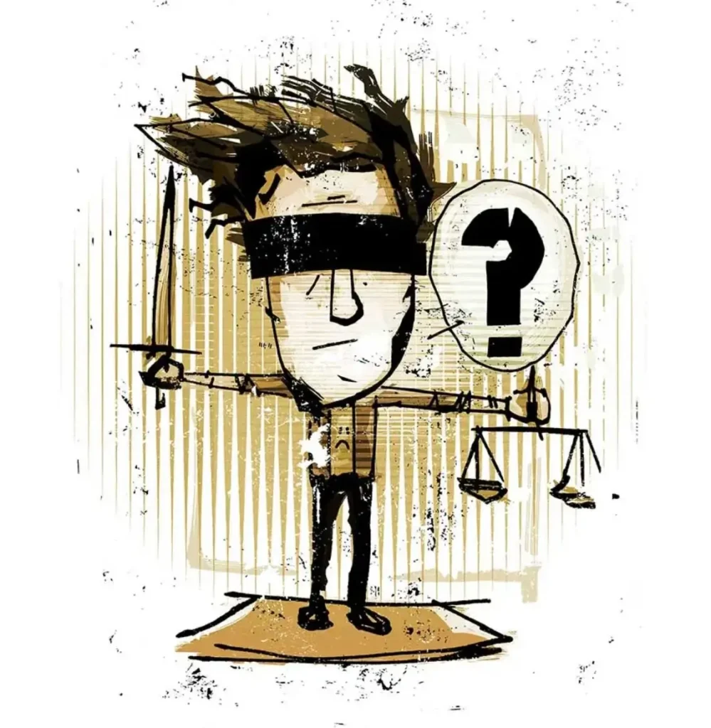 Abstract street-art illustration of a blindfolded figure holding a sword in one hand and a scale with a question-mark symbol in the other, rendered in rough, textured lines and muted beige tones
