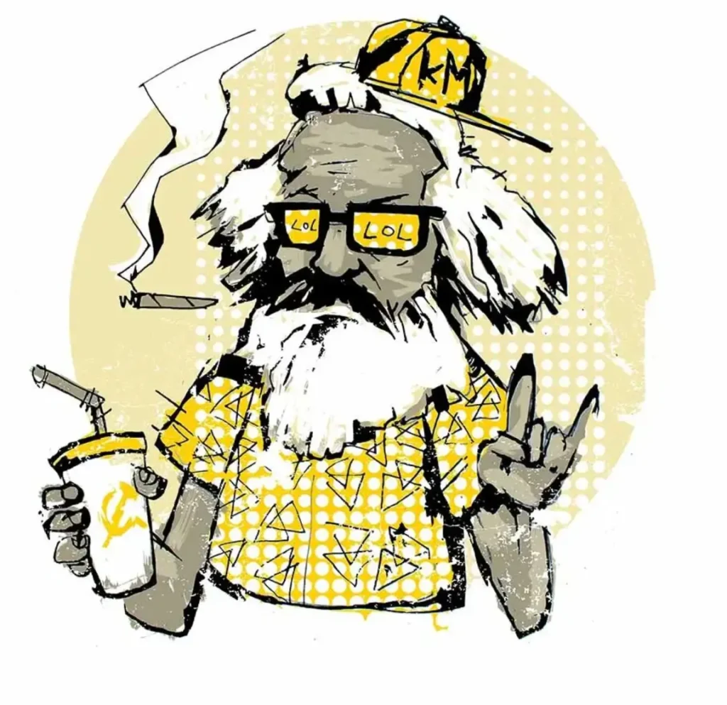 Illustration of an elderly, bearded man in a yellow patterned shirt and backwards cap, wearing glasses labeled “LOL,” holding a drink and making a rock-hand gesture in a graffiti-inspired style