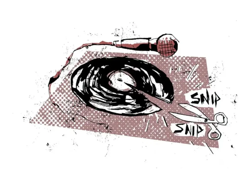 Abstract street-art illustration of a vinyl record being cut with scissors while a microphone lies nearby, with the word “SNIP” emphasizing the act of disruption