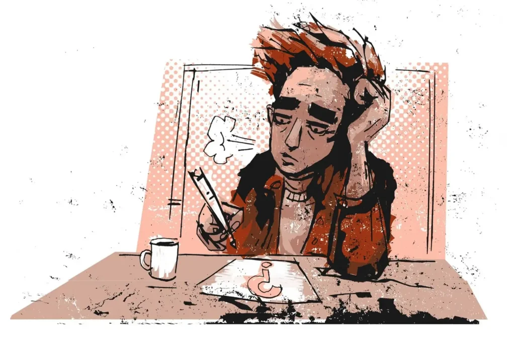 Illustration of a tired, frustrated person sitting at a table with a pencil and a page marked with a question mark, exhaling a sigh while holding their head in one hand