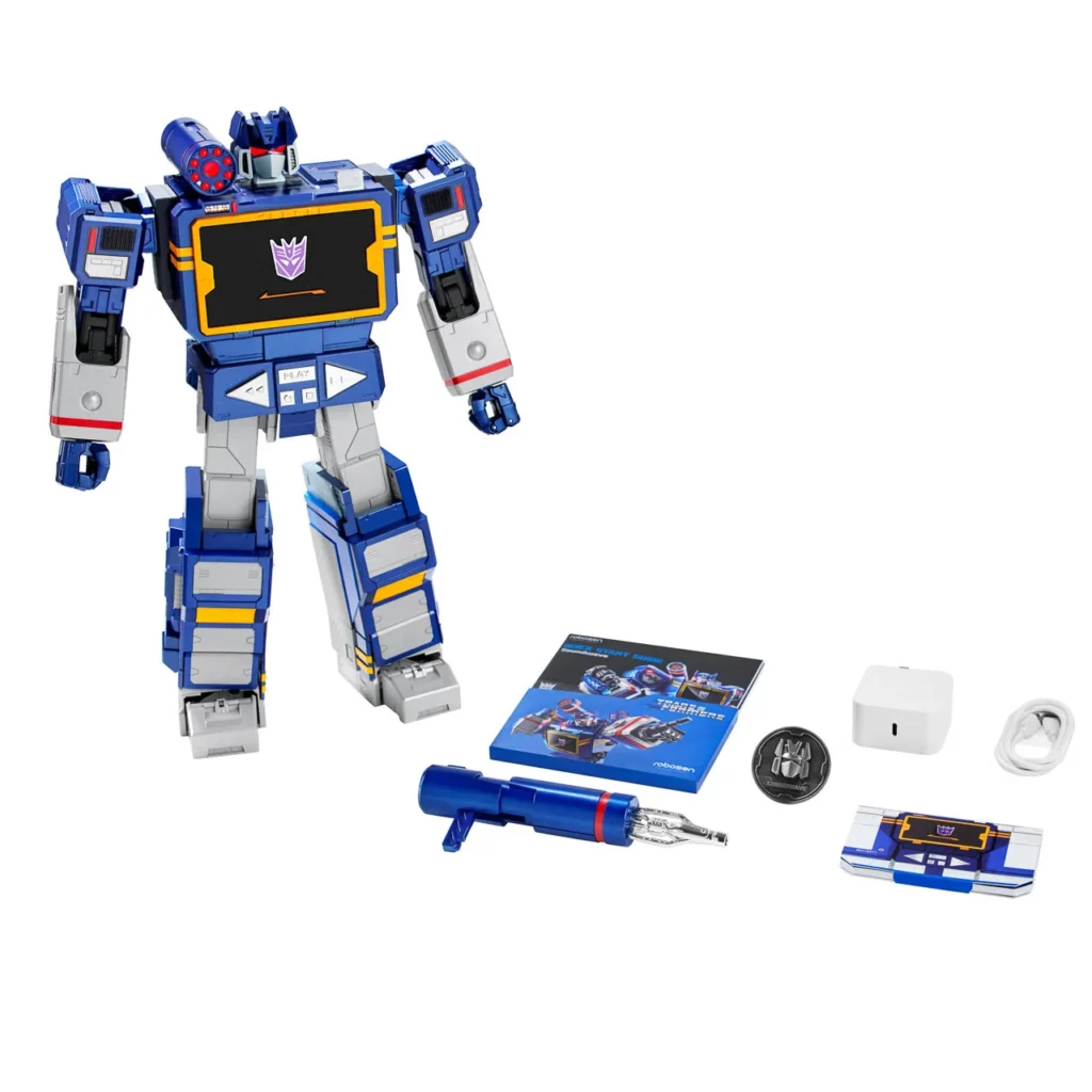Close-up of the Robosen Transformers Soundwave robot showing its detailed head sculpt, red visor, blue helmet, and shoulder-mounted cannon, with the chest panel displaying the Decepticon insignia