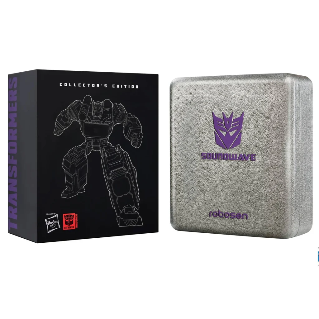 Robosen Transformers Soundwave Collector’s Edition packaging, featuring a black box with line-art of Soundwave and a textured silver storage case stamped with the Decepticon insignia and Soundwave branding