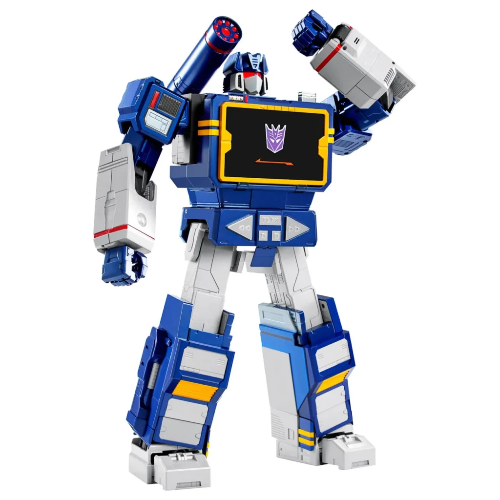 Robosen Transformers Soundwave robot figure standing in a dynamic pose, featuring its classic blue-and-silver G1 design, raised arm, illuminated chest panel with the Decepticon insignia, and detailed articulation across the limbs and torso